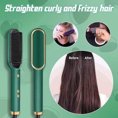 Professional Anti-Scaled Hair Straightener Brush - Electric Heated Comb for Straight & Curly Styling
